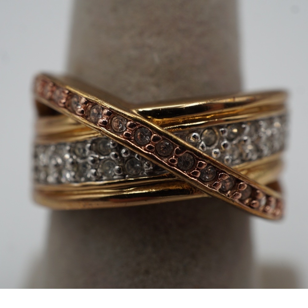 NV Tri-Tone Crossover Pavé Crystal Statement Ring Gold Rose Silver Tone Size 8.5